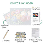 Artistic painting kit components including reference sheet, brushes, paint set, color key, and detailed guide.
