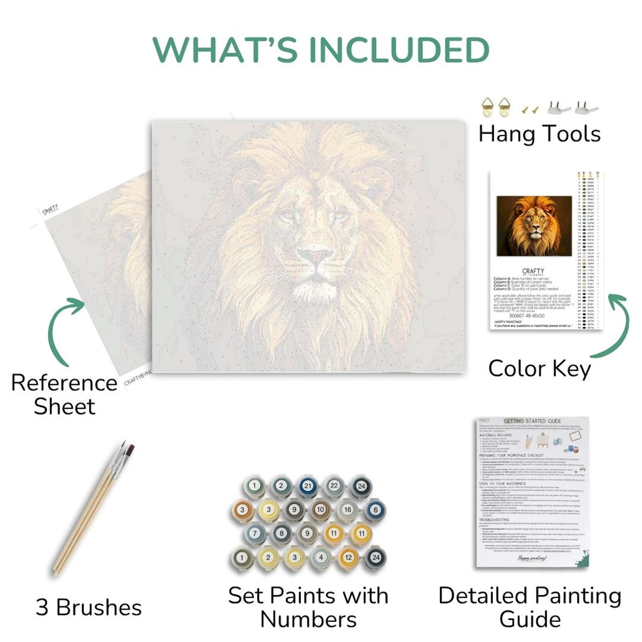 Collection of items included in a painting kit with a lion design, including reference sheet, brushes, paint set, color key, and detailed guide.