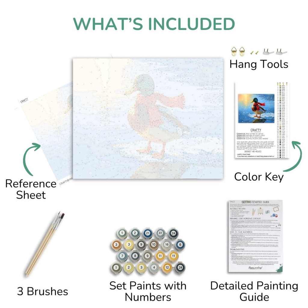 Duck the Halls kit contents: canvas, numbered paints, three brushes, reference sheet and guide.