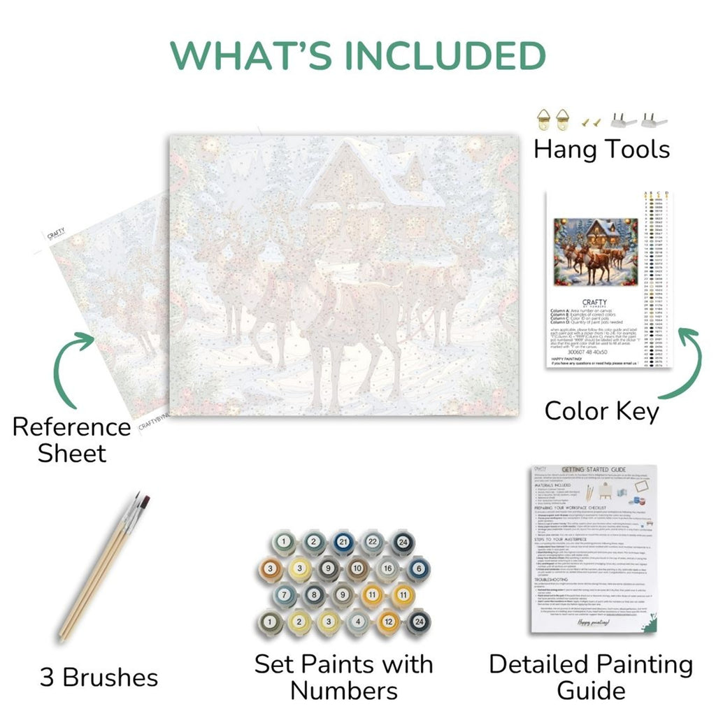 The Jingle Team kit contents: canvas, numbered paints, three brushes, reference sheet and guide.