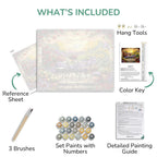 List of items included in a painting kit with reference sheet, brushes, paint set, color key, and detailed painting guide.