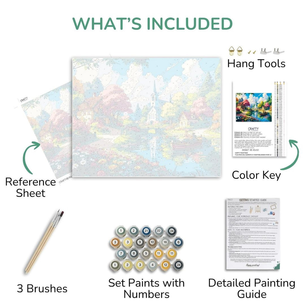 Artistic painting kit components including a reference sheet, brushes, paint set, color key, and detailed guide.