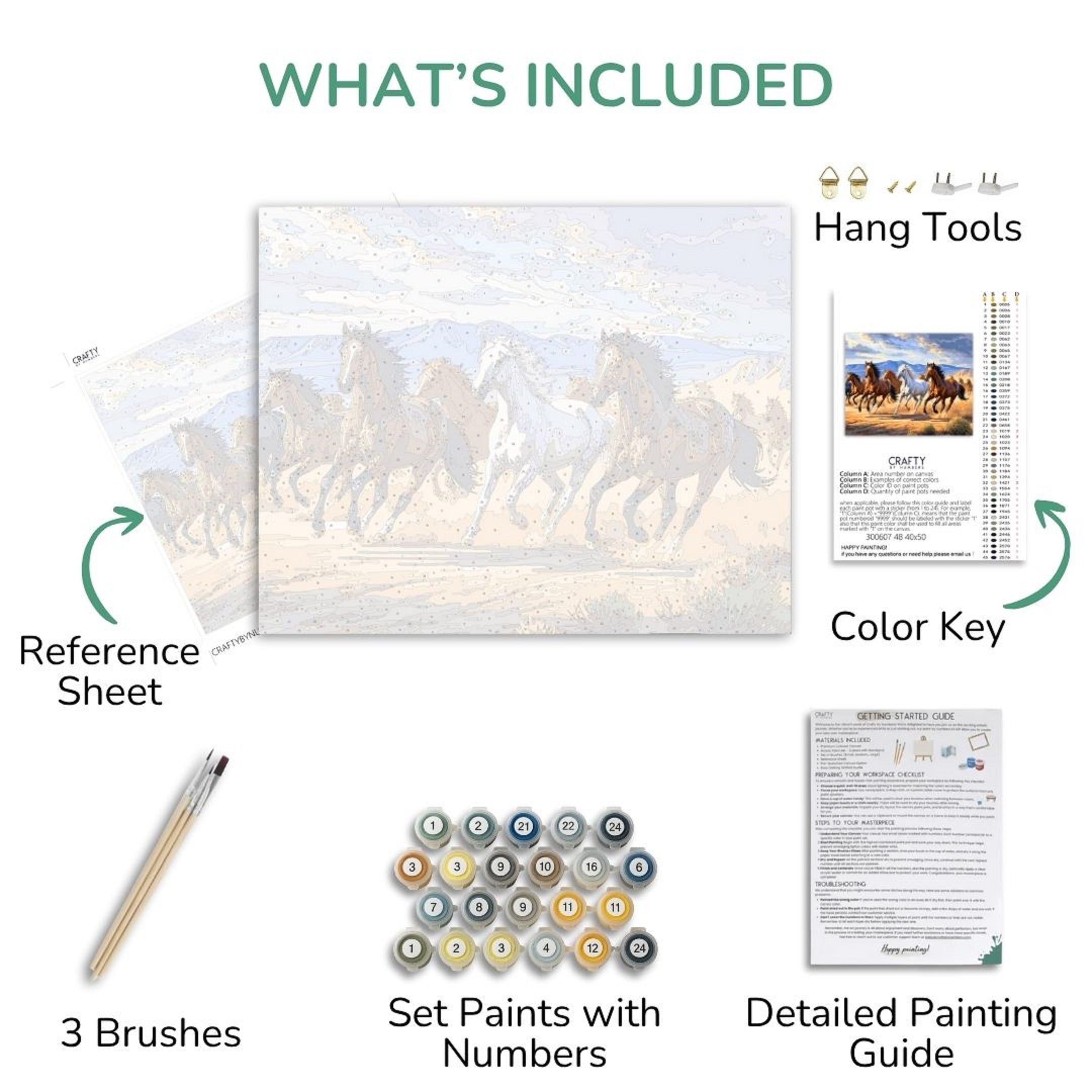 Paint by numbers kit contents including reference sheet, brushes, paint set, color key, and detailed painting guide.