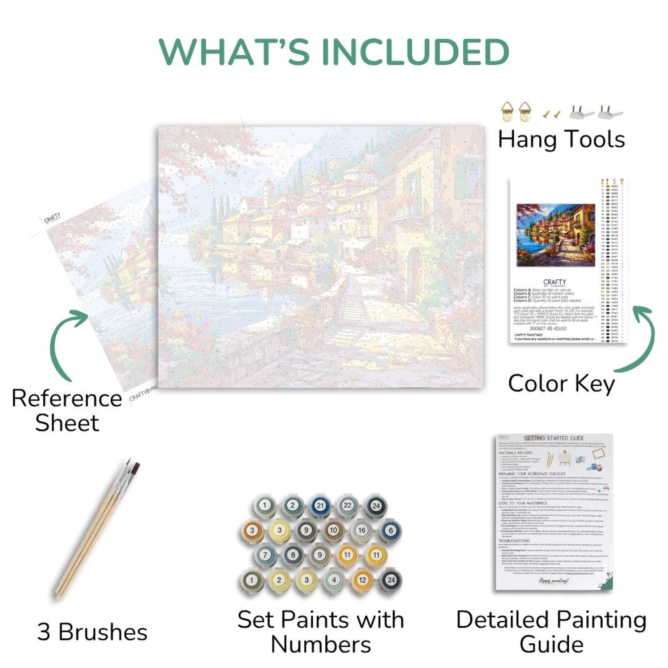 Diy painting kit contents including reference sheet, brushes, paint set, color key, and detailed guide.