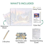 Artistic painting kit components including a reference sheet, brushes, paint set, color key, and detailed guide.