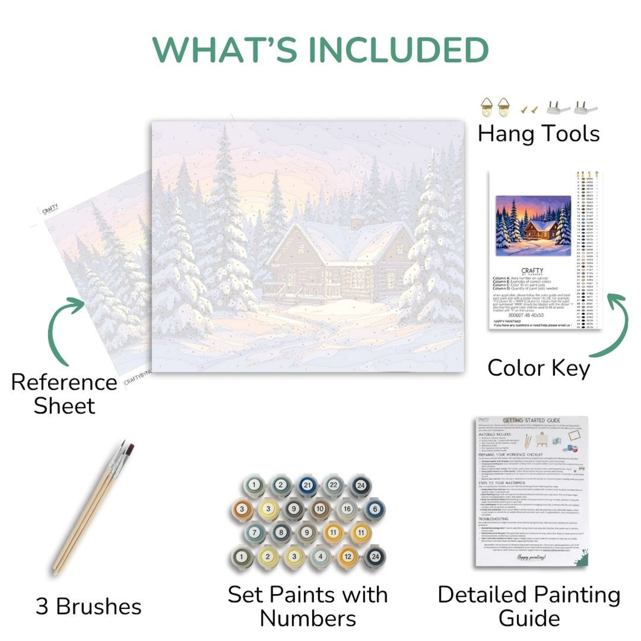 Artistic painting kit components including a reference sheet, brushes, paint set, color key, and detailed guide.