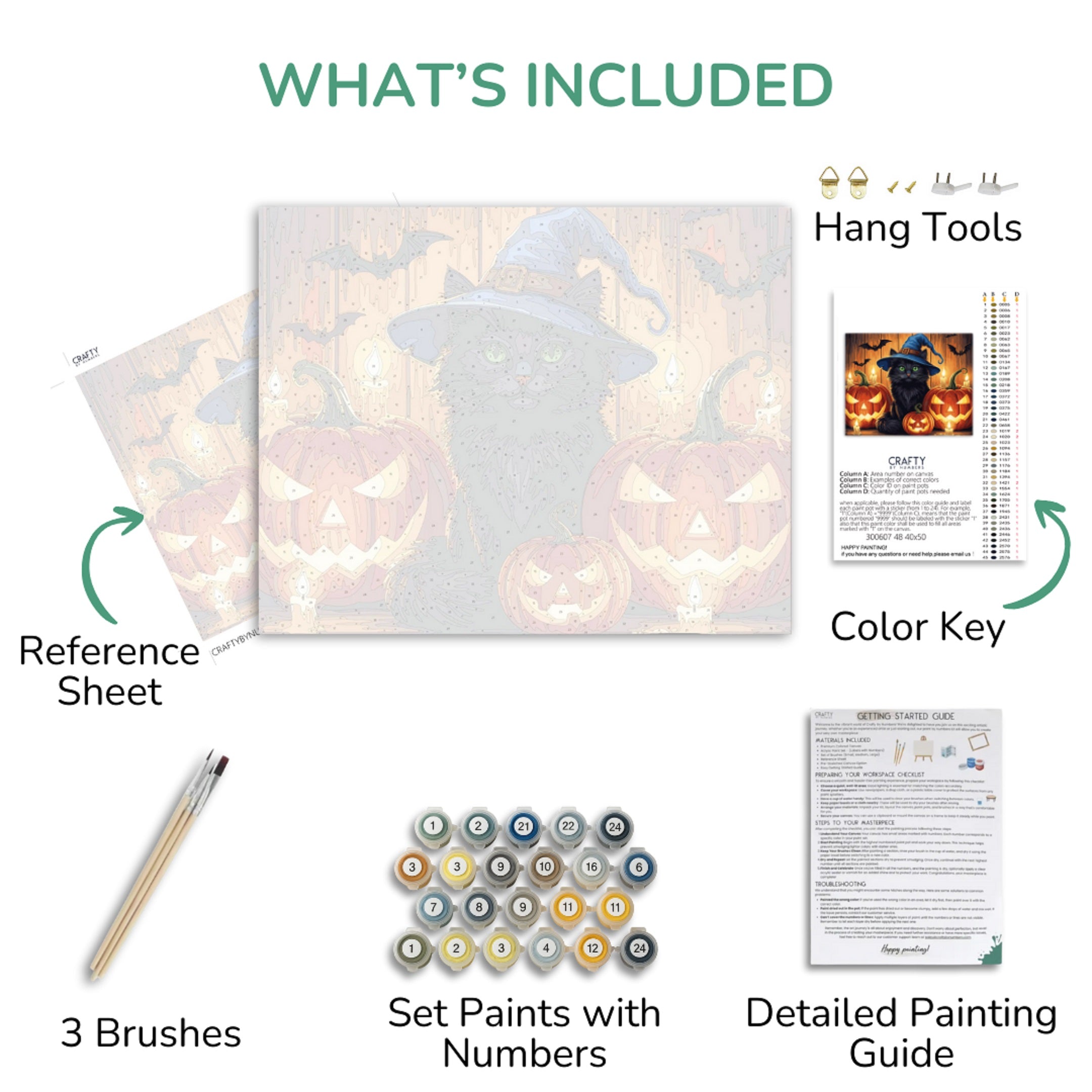 Halloween-themed painting kit with reference sheet, brushes, paint set, and detailed guide.