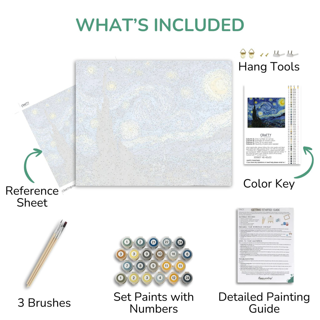 Painting kit components including a canvas, reference sheet, brushes, paint set, color key, and detailed painting guide.