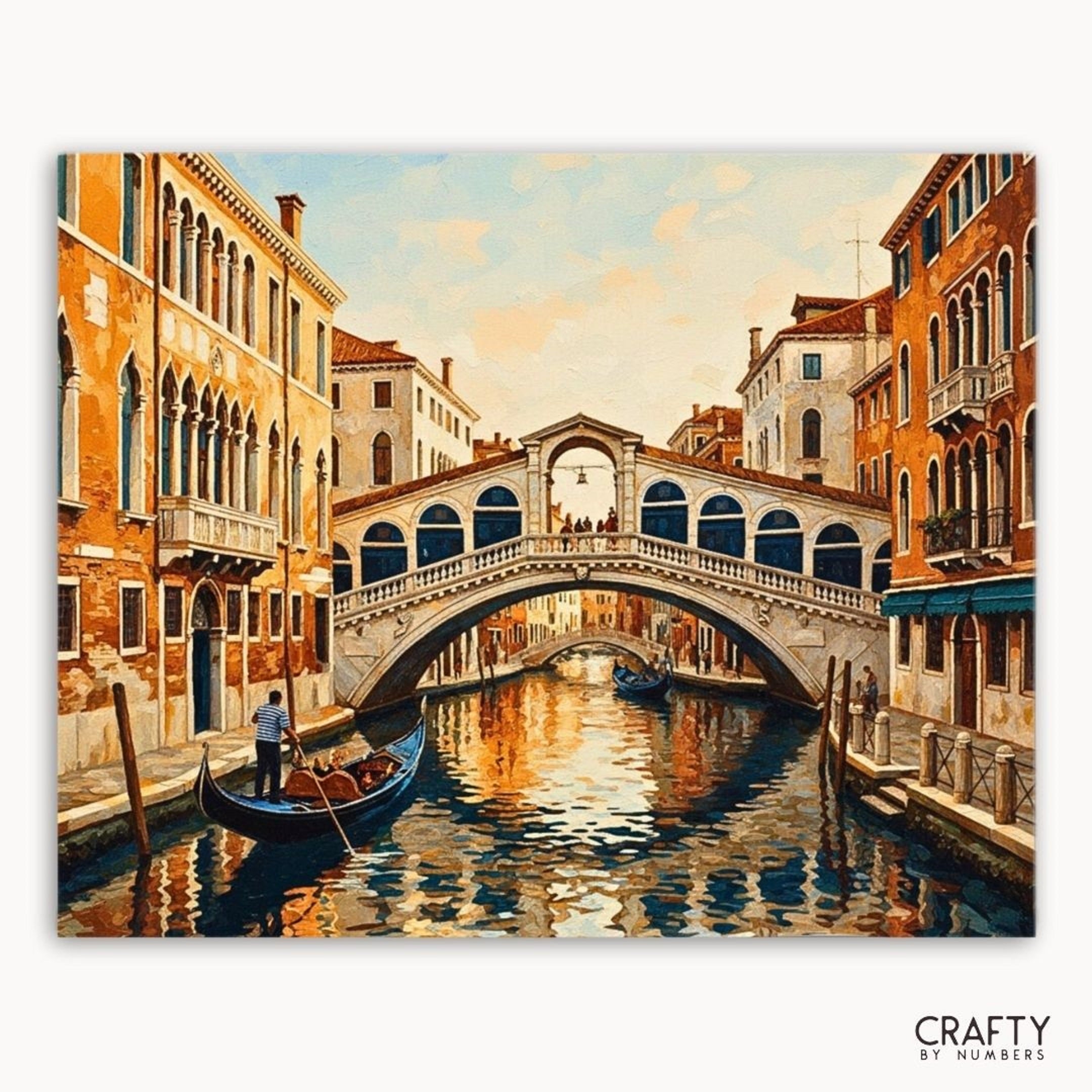 Painting of a canal scene with a bridge and gondola, featuring the brand 'Crafty by Numbers'.
