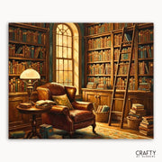 Cozy library scene with a leather armchair, bookshelves, and a lamp.