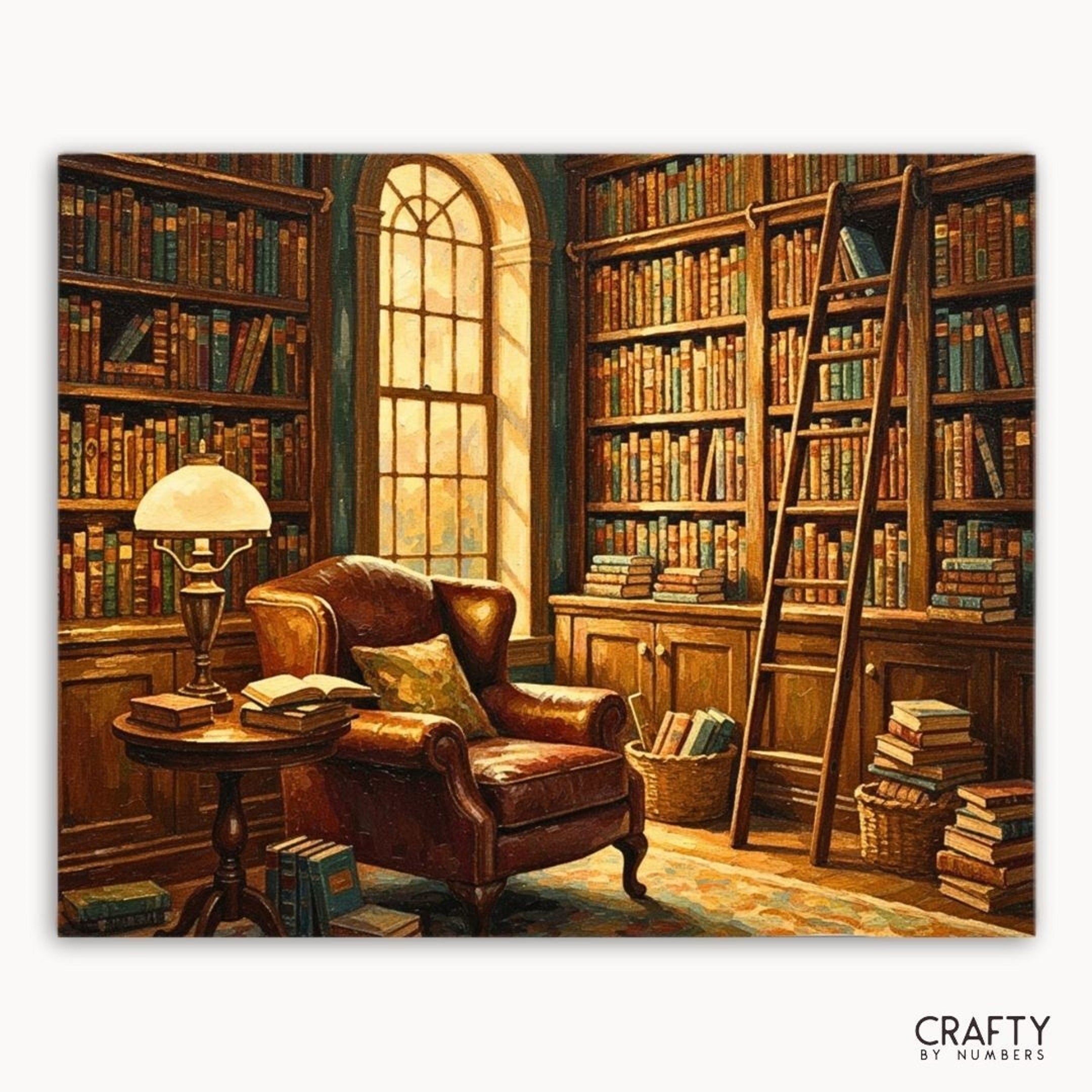 Cozy library scene with a leather armchair, bookshelves, and a lamp.