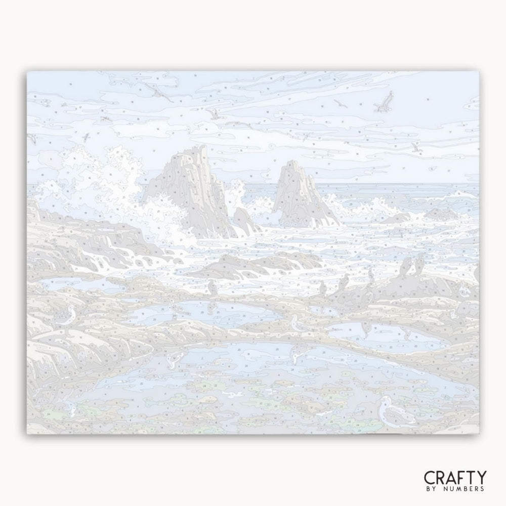 Abstract art with light blue and white tones on a white background, featuring the brand 'Crafty by Numbers'.