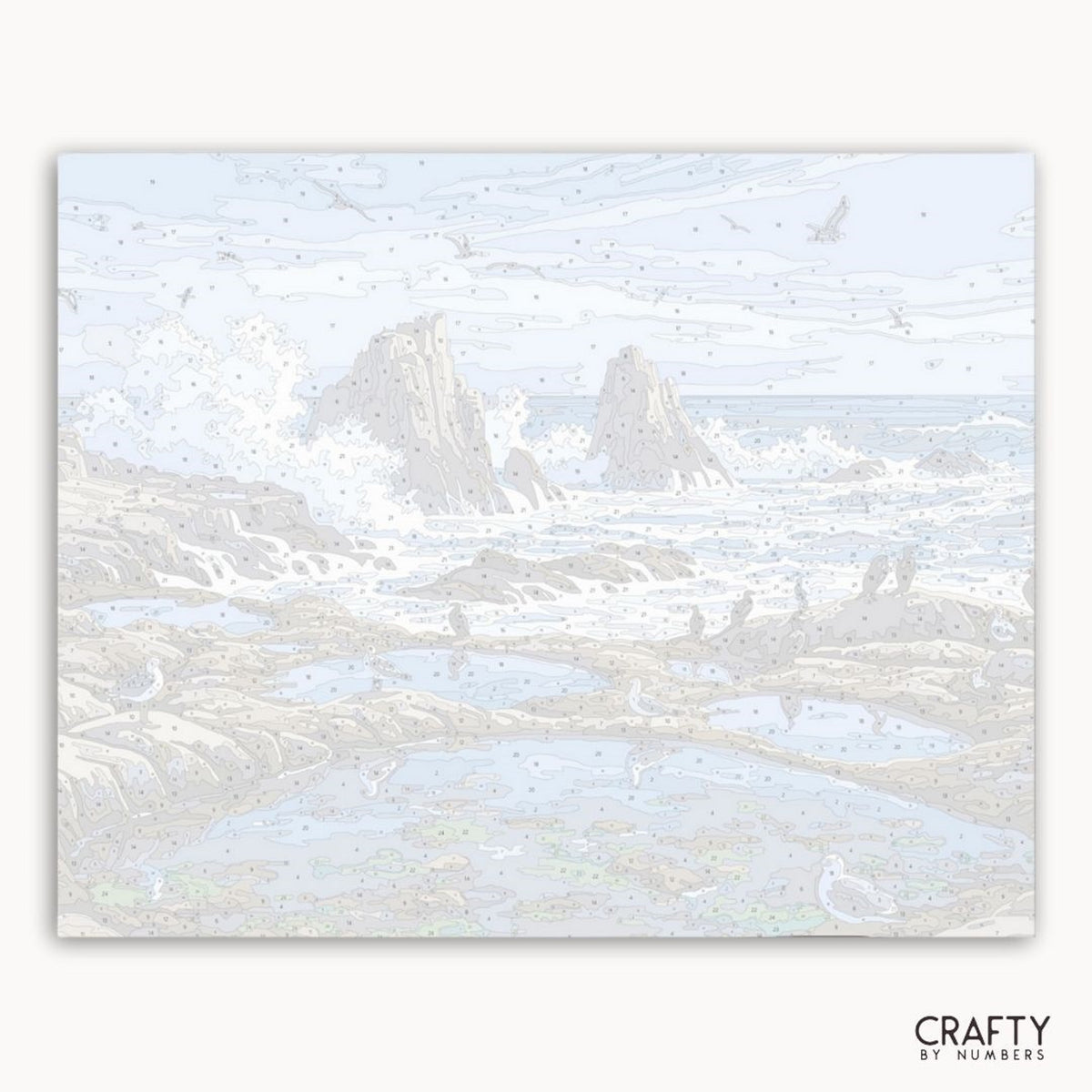 Art abstrait aux tons bleu clair et blanc sur fond blanc, mettant en vedette la marque « Crafty by Numbers ».