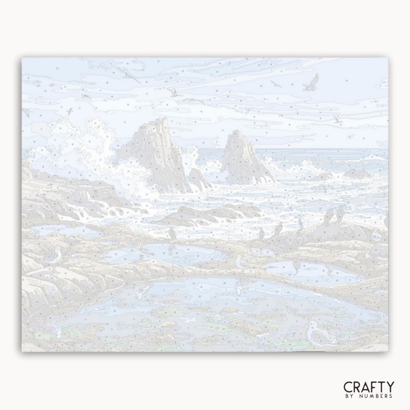Art abstrait aux tons bleu clair et blanc sur fond blanc, mettant en vedette la marque « Crafty by Numbers ».