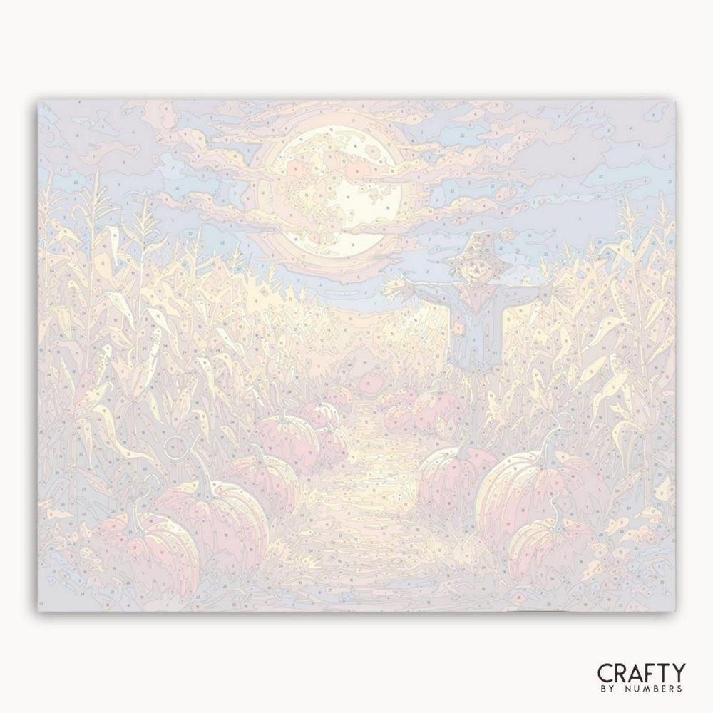 Pastel-colored landscape with a moon and trees, featuring the brand 'Crafty by Numbers'.