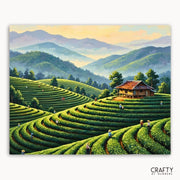 Painting of terraced fields with a house and people, labeled 'Crafty by Numbers'.