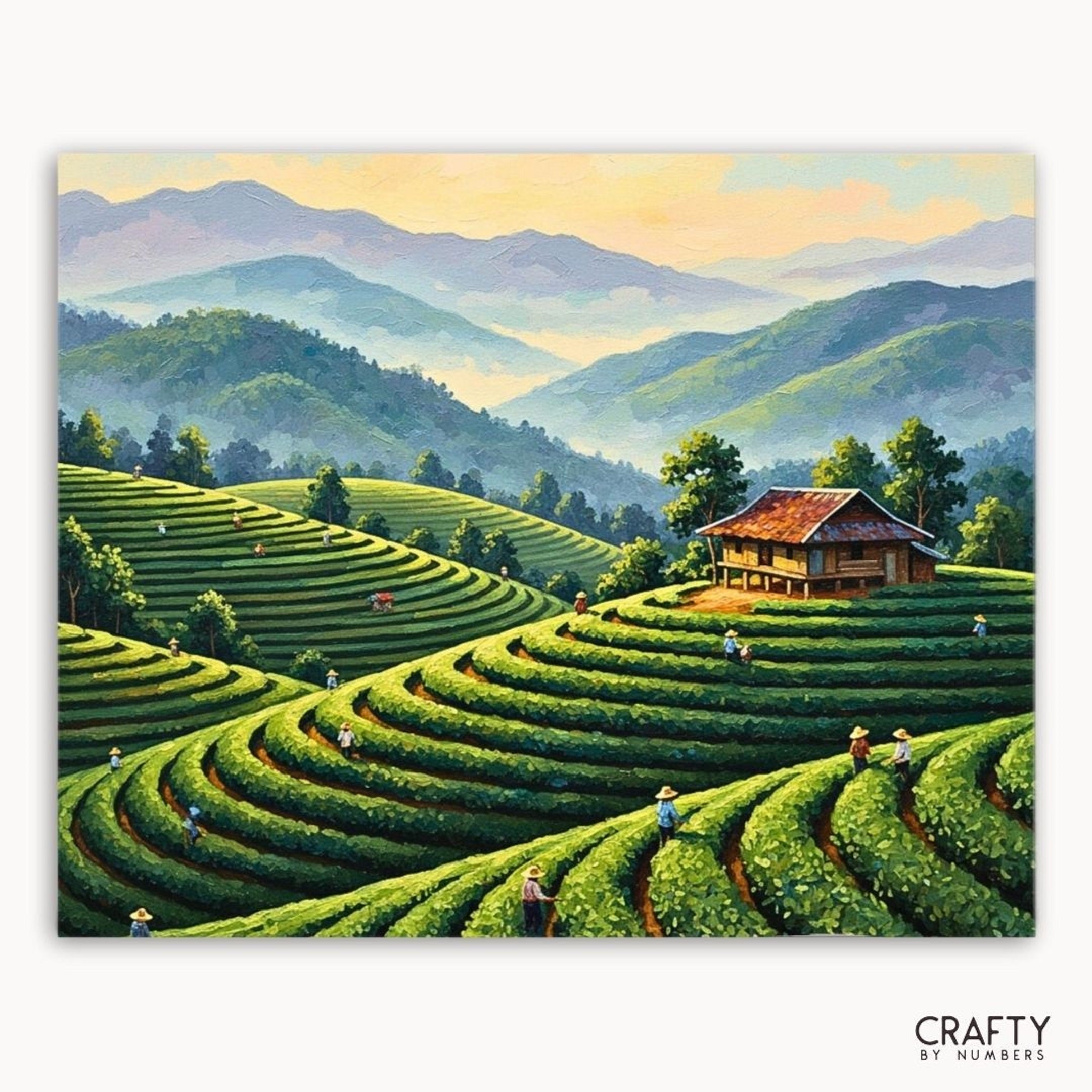 Painting of terraced fields with a house and people, labeled 'Crafty by Numbers'.