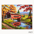 Painting of a red covered bridge in a scenic landscape with trees and water.