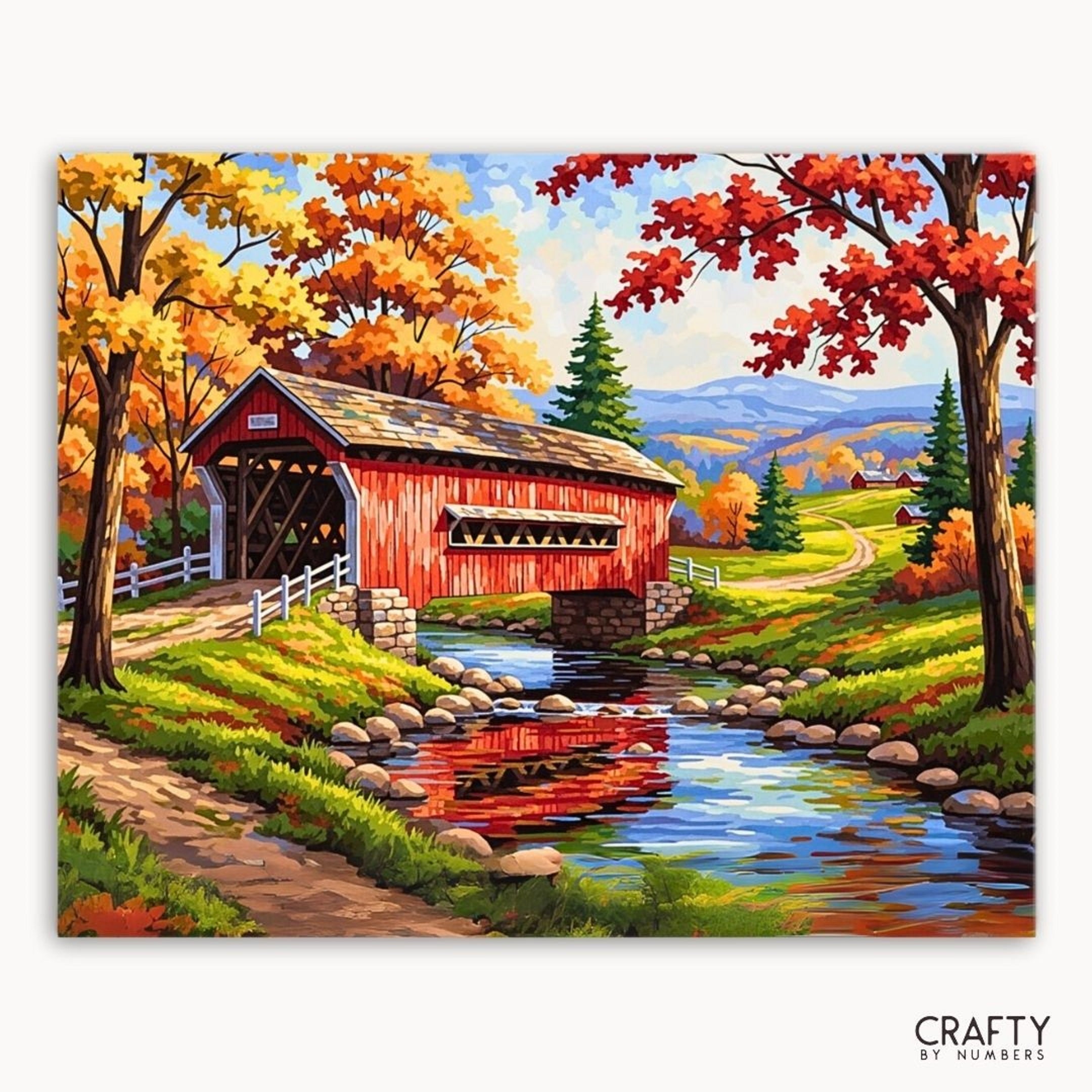 Painting of a red covered bridge in a scenic landscape with trees and water.