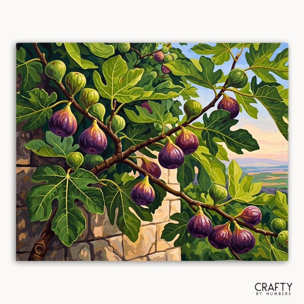 Painting of figs on a branch with a scenic background, featuring the brand 'Crafty by Numbers'.