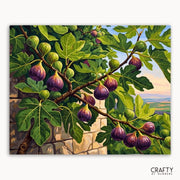 Painting of figs on a branch with a scenic background, featuring the brand 'Crafty by Numbers'.