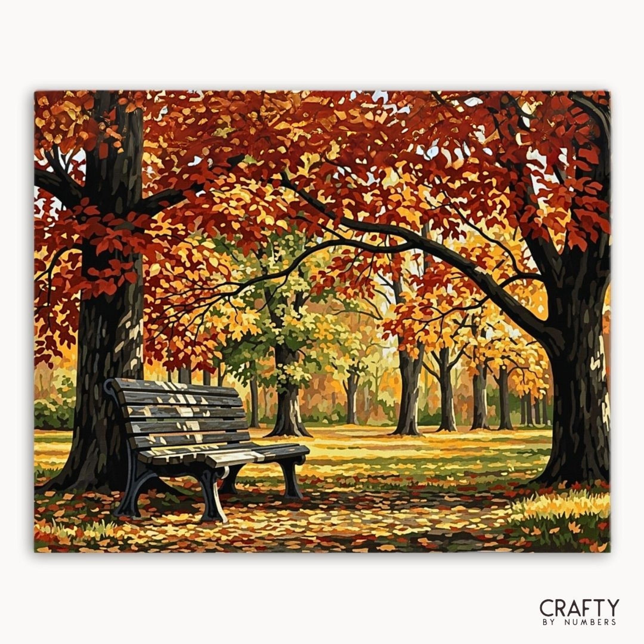 Painting of a bench under autumn trees with 'Crafty by Numbers' branding.