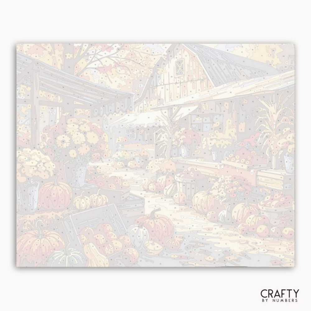 Decorative paper with a harvest scene featuring pumpkins and a barn, branded 'Crafty by Numbers'.