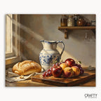 Still life painting with bread, fruits, and a pitcher on a wooden table.