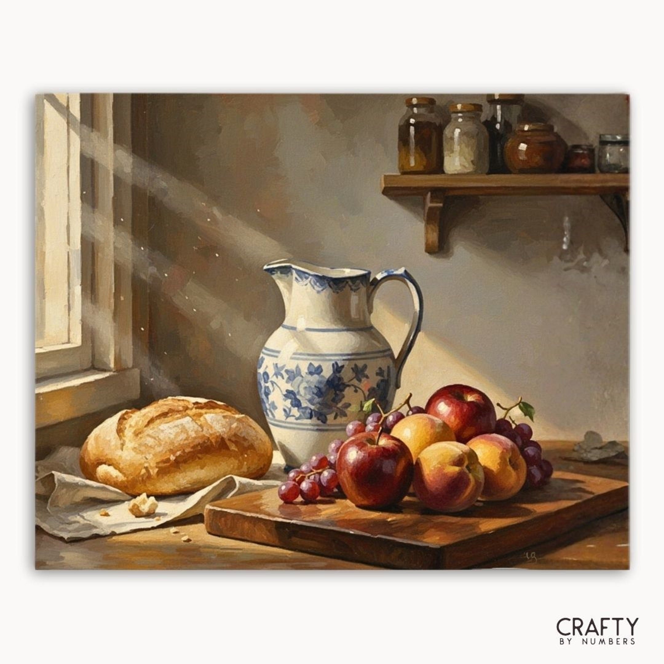 Still life painting with bread, fruits, and a pitcher on a wooden table.