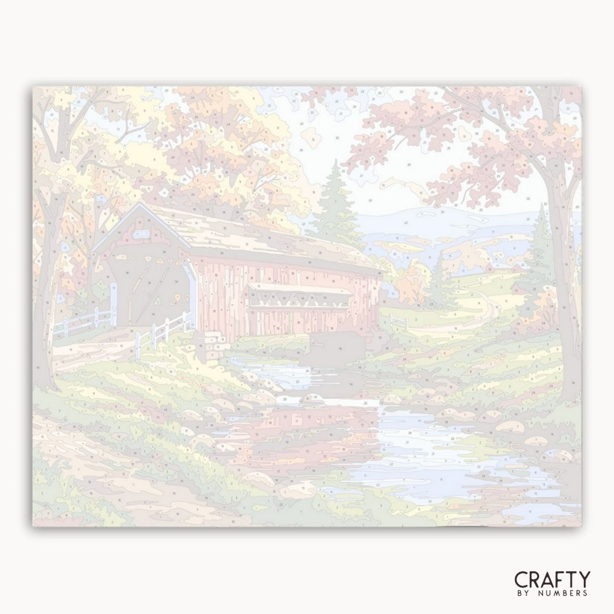Pont couvert dans un paysage pittoresque avec des arbres et de l'eau, mettant en vedette la marque "Crafty by Numbers".