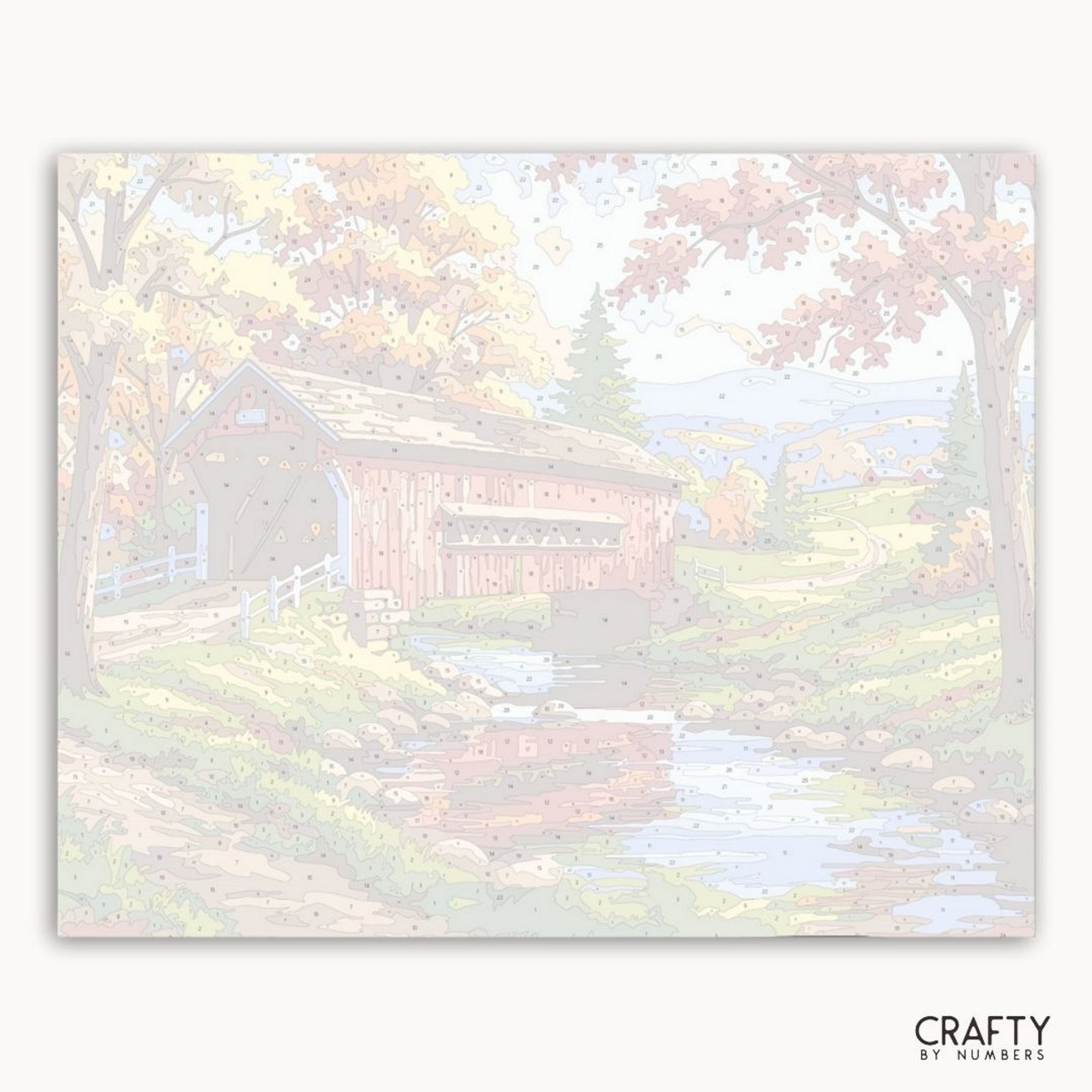 Puente cubierto en un paisaje pintoresco con árboles y agua, con la marca 'Crafty by Numbers'.