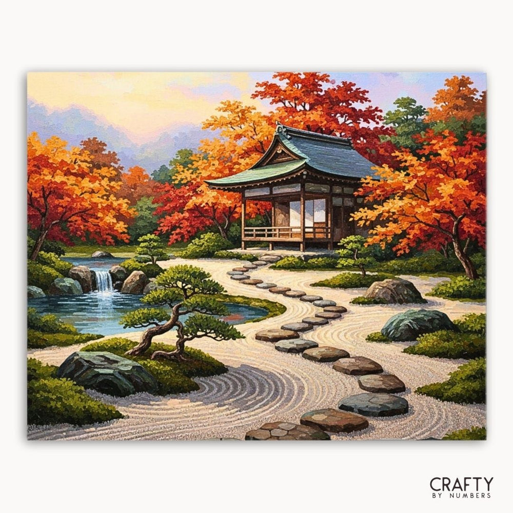 Japanese-style garden with a pagoda, autumn trees, and a path leading to a pond.