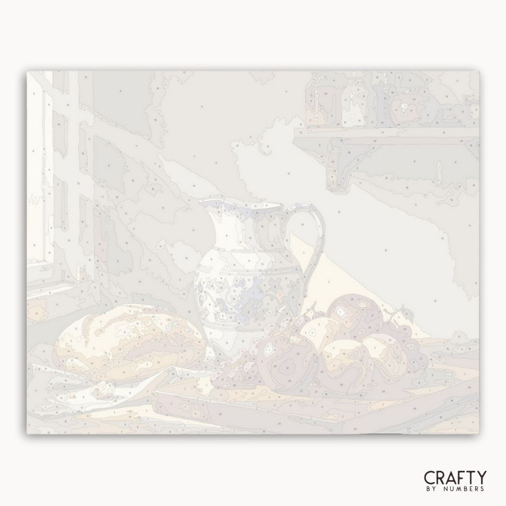 White ceramic pitcher and bowls on a textured white background with 'Crafty by Numbers' branding.