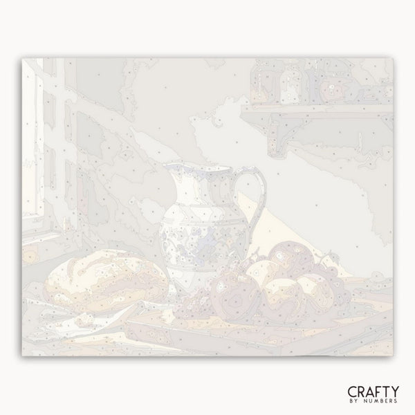 White ceramic pitcher and bowls on a textured white background with 'Crafty by Numbers' branding.