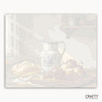 White ceramic pitcher and bowls on a textured white background with 'Crafty by Numbers' branding.