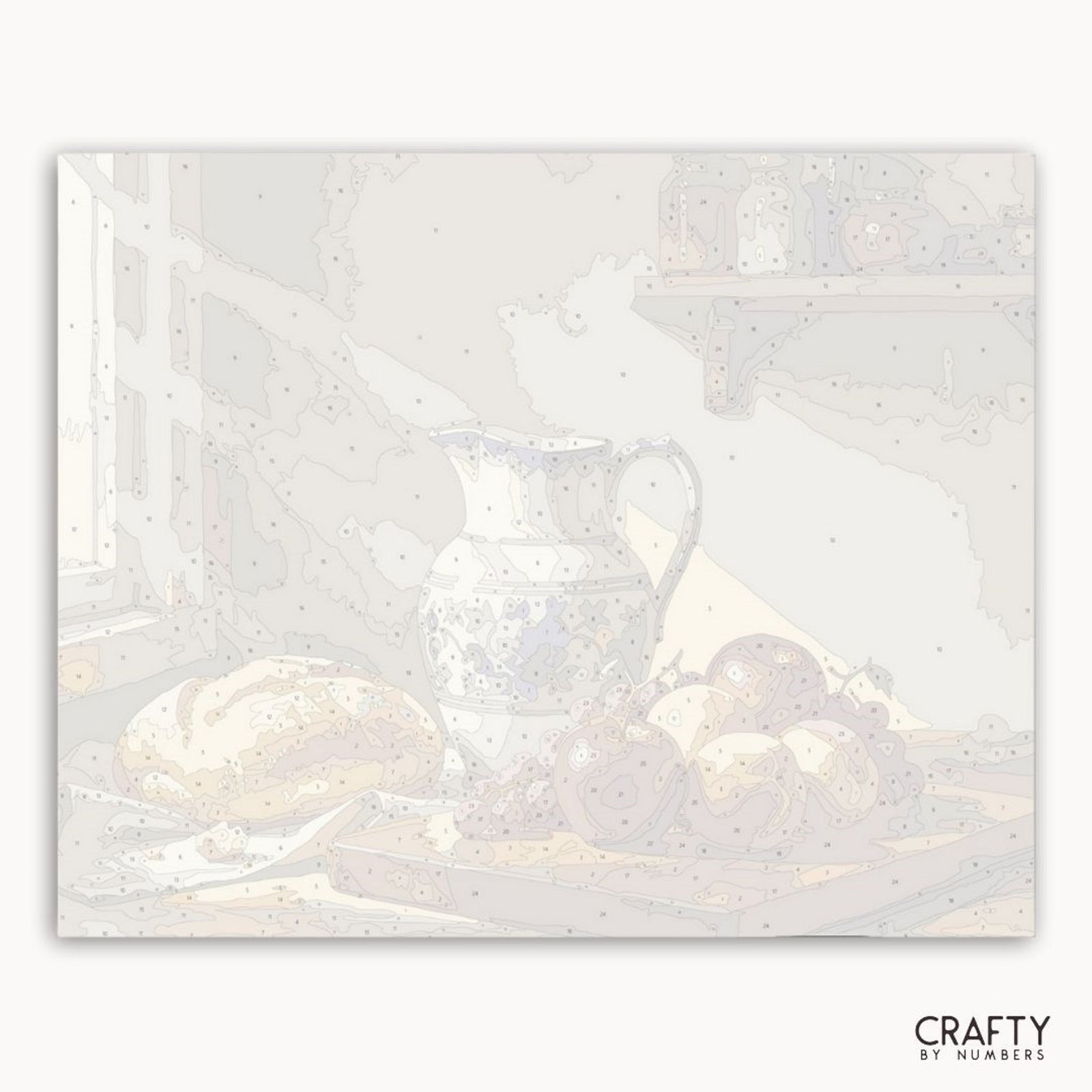 Weißer Keramikkrug und Schüsseln auf einem strukturierten weißen Hintergrund mit „Crafty by Numbers“-Branding.