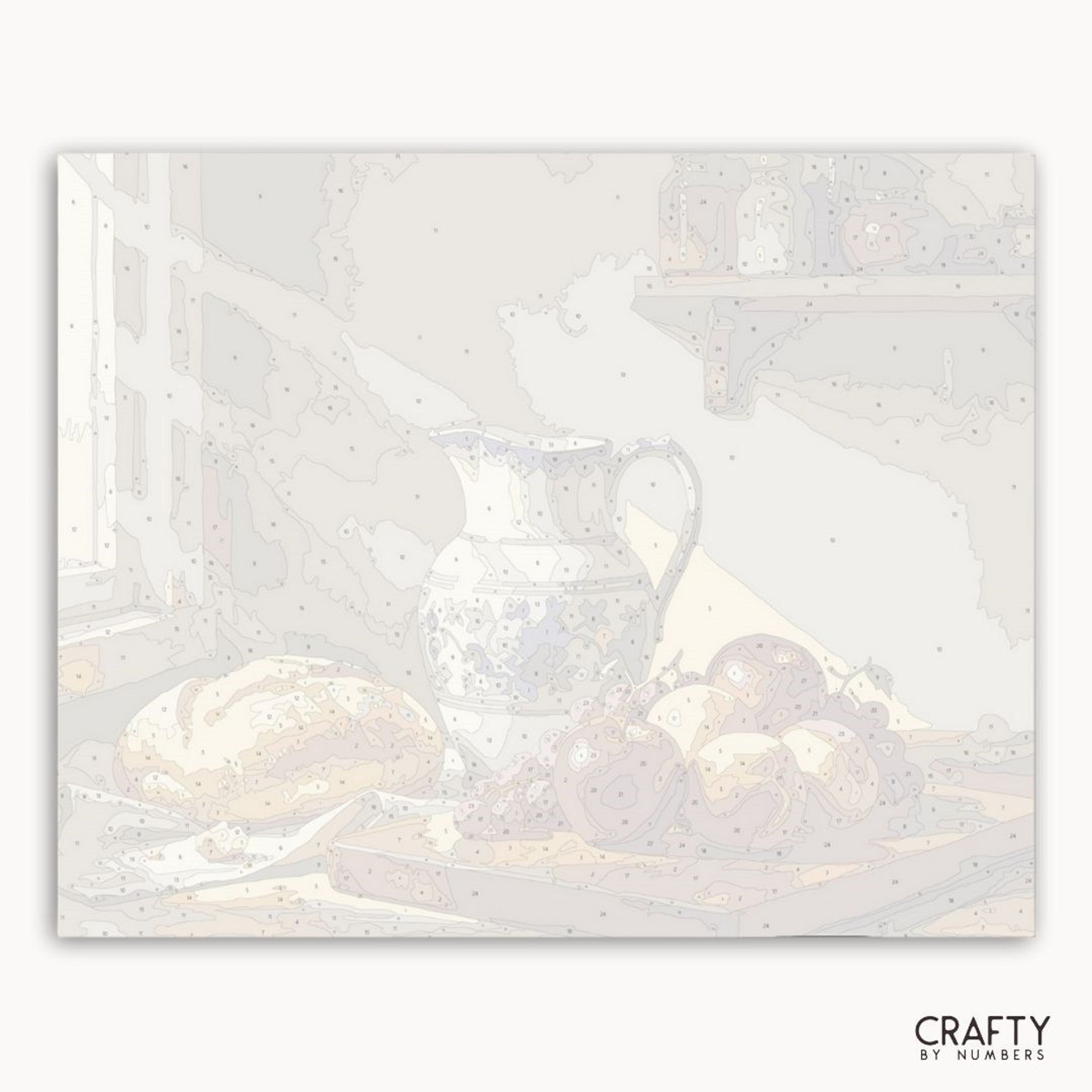 White ceramic pitcher and bowls on a textured white background with 'Crafty by Numbers' branding.