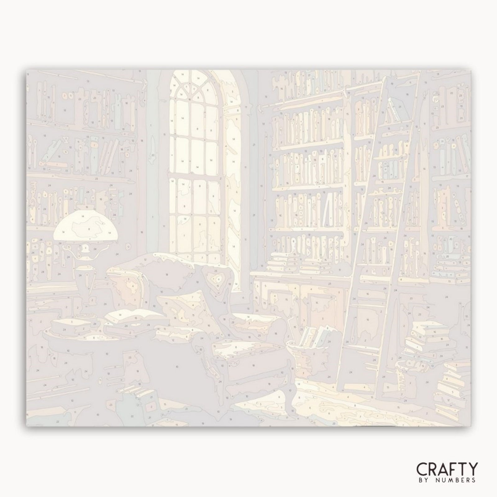Illustration eines gemütlichen Zimmers mit Bücherregal und Stuhl, mit der Marke „Crafty by Numbers“.