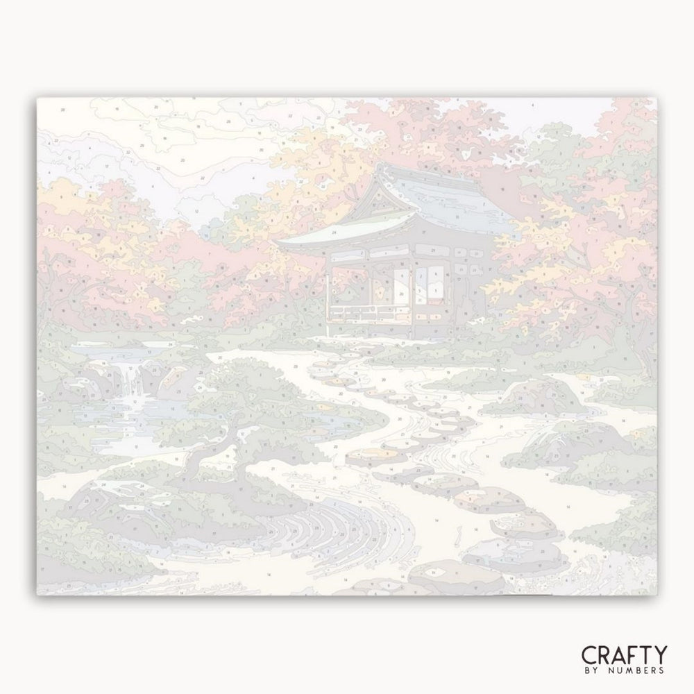 Traditional Japanese temple with autumn foliage on a white background, featuring the brand 'Crafty by Numbers'.