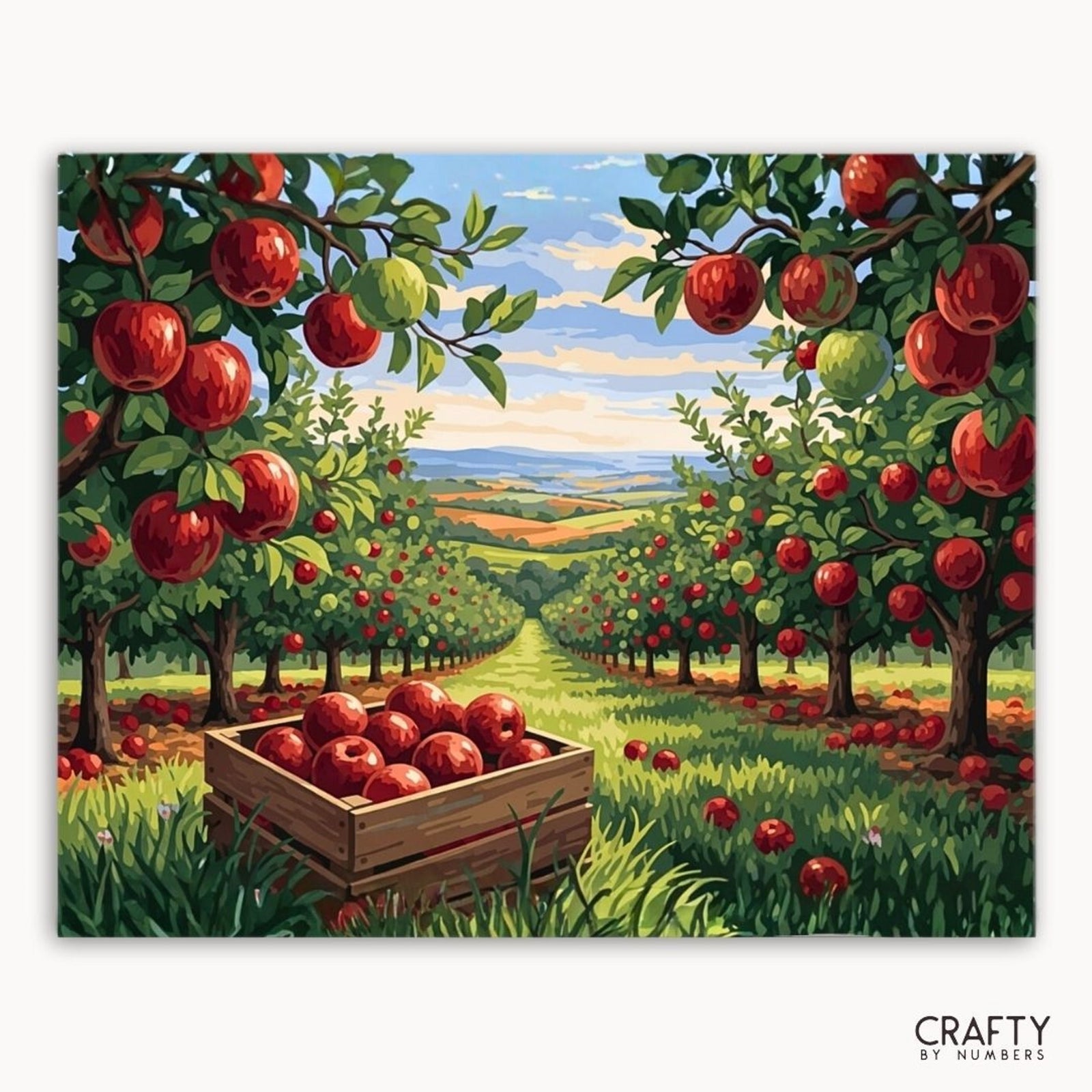 Peinture d’un verger de pommiers avec une caisse de pommes et un paysage pittoresque.