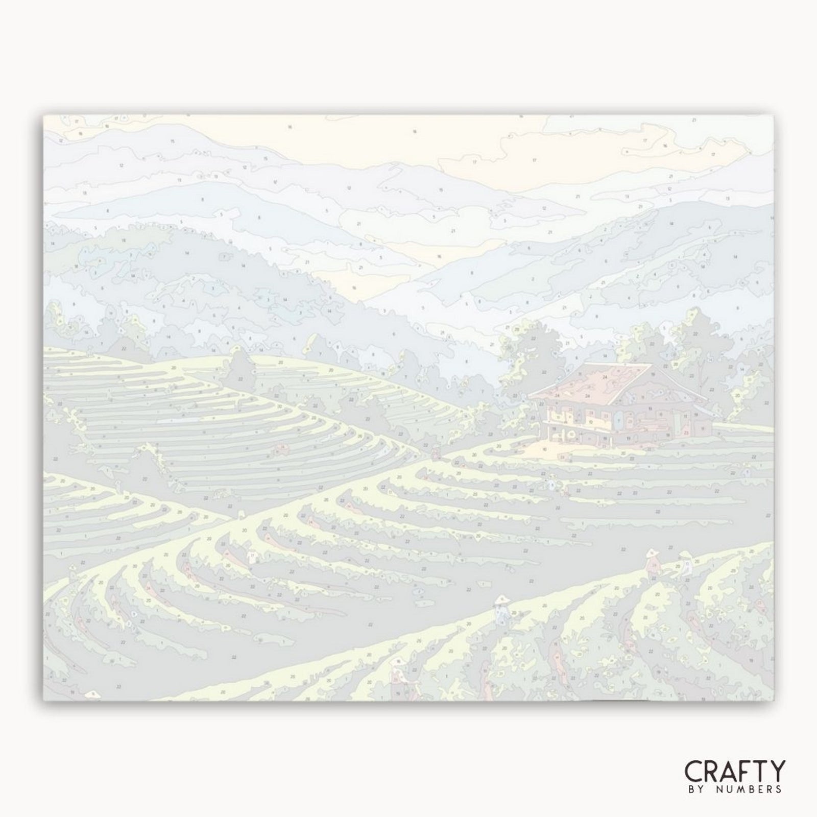 Abstrakter Kunstdruck mit Wellenlinien auf hellgrauem Hintergrund, beschriftet mit „Crafty by Numbers“.