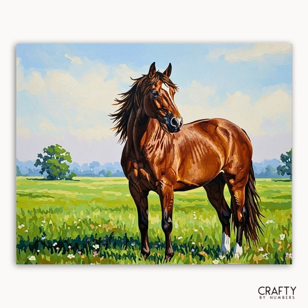 Painting of a brown horse in a field with 'Crafty by Numbers' branding.