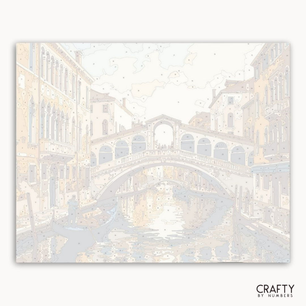 Framed artwork of a bridge over a canal with buildings on either side, labeled 'Crafty by Numbers'.