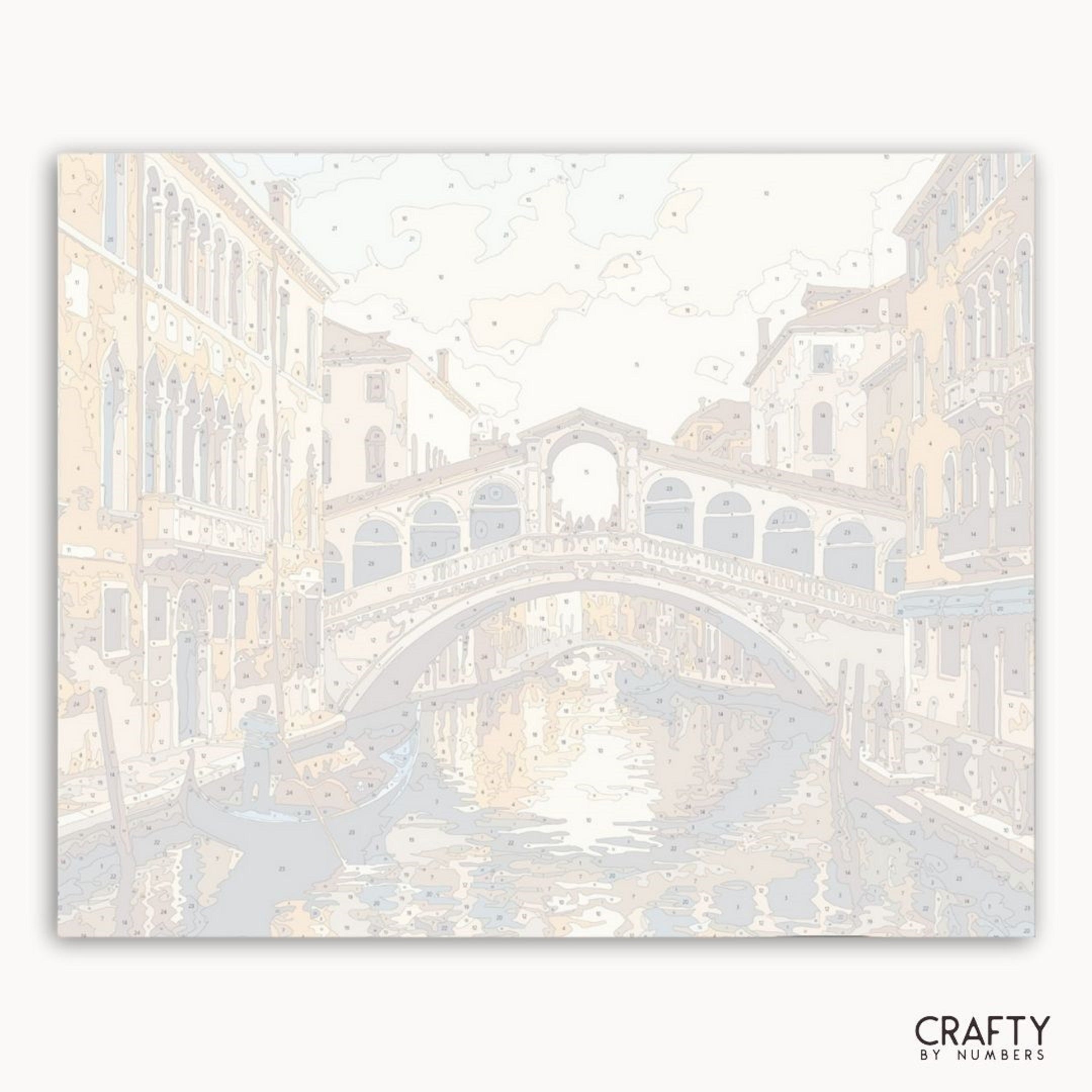 Framed artwork of a bridge over a canal with buildings on either side, labeled 'Crafty by Numbers'.