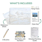 Artistic painting kit components including a canvas, reference sheet, brushes, paints, and instructions.