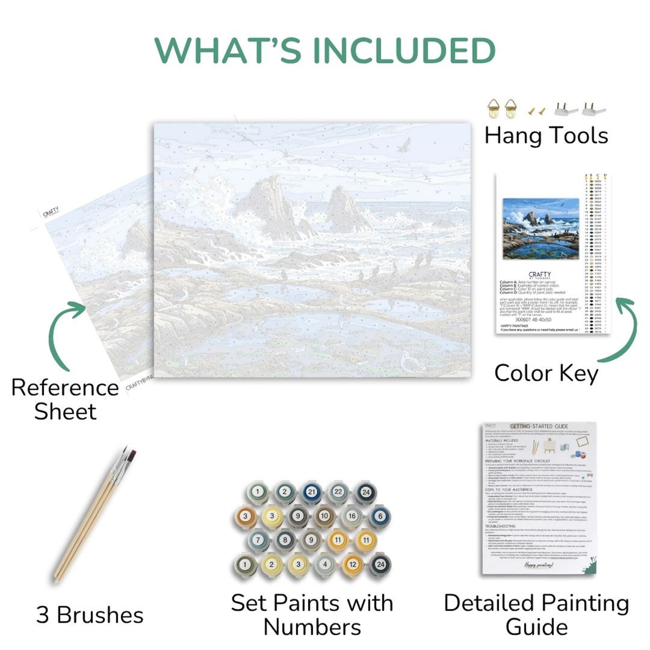 Artistic painting kit components including a canvas, reference sheet, brushes, paints, and instructions.