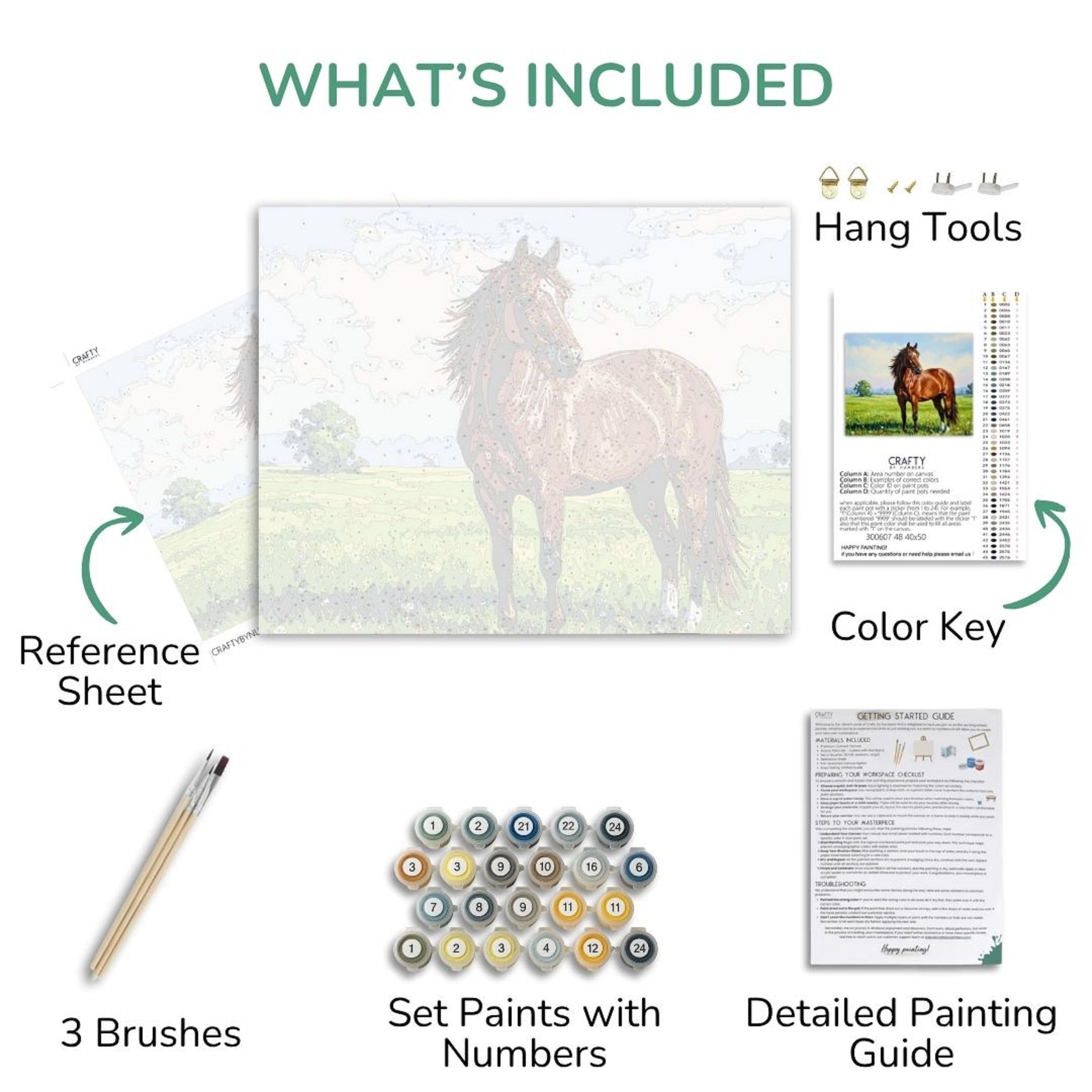 Painting kit components including a horse reference sheet, brushes, paint set, color key, and detailed painting guide.