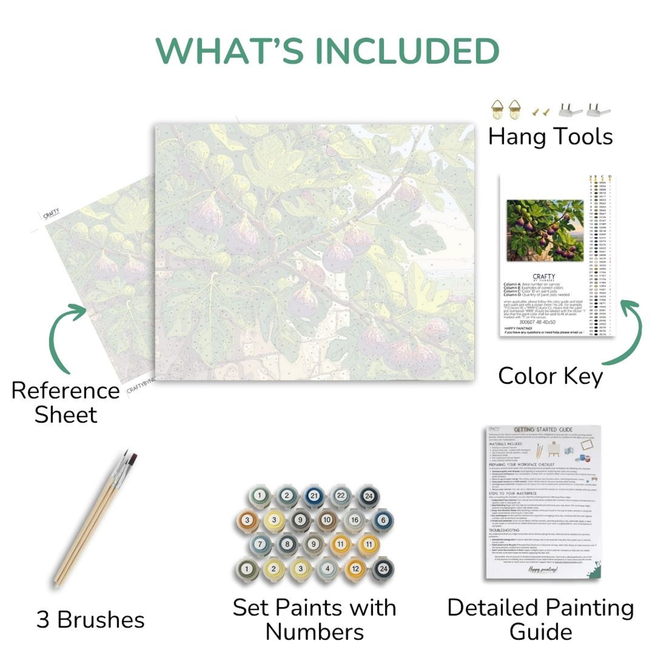 Collection of art supplies including a reference sheet, brushes, paint set, color key, and detailed painting guide on a white background.