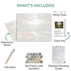 Artistic painting kit components including reference sheet, brushes, paint set, color key, and detailed guide on a white background.