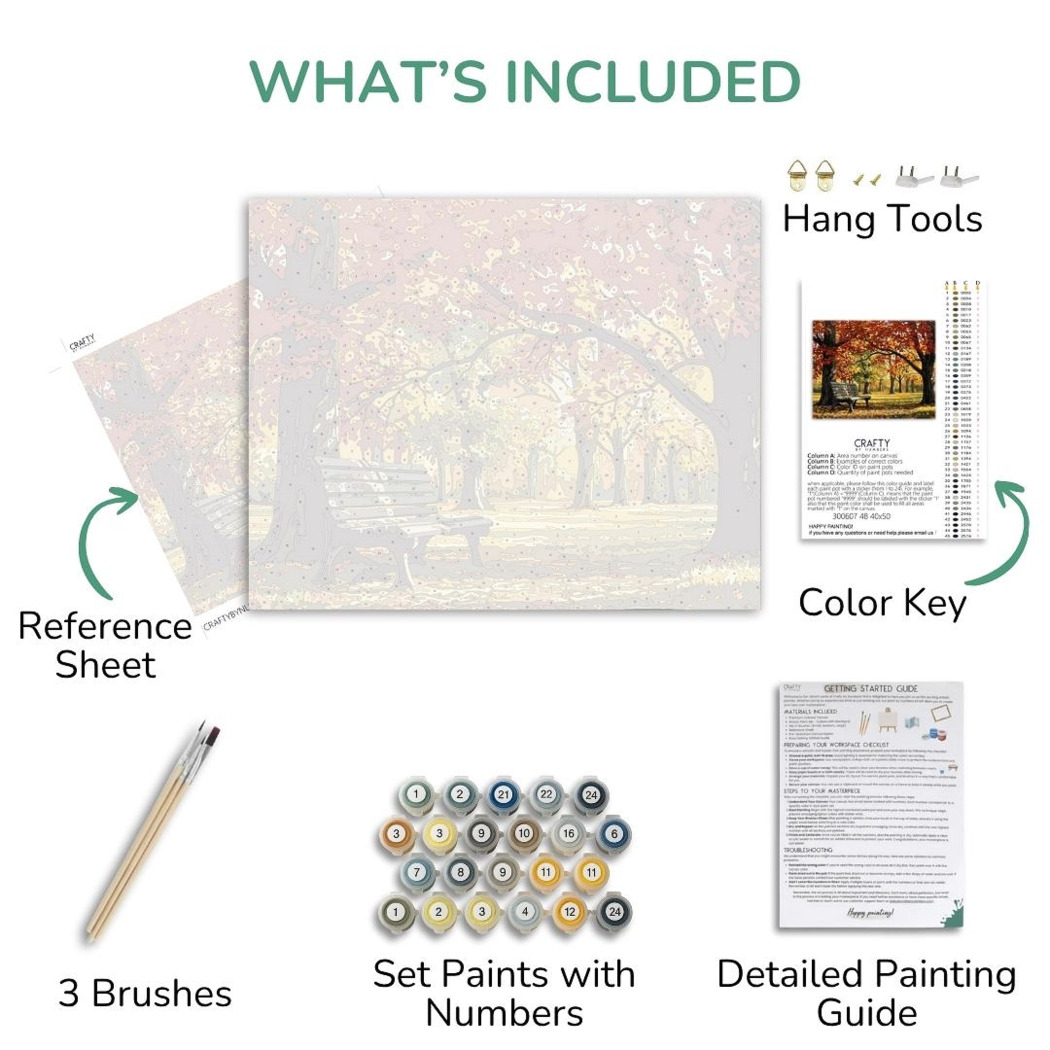 Artistic painting kit components including a reference sheet, brushes, paint set, color key, and detailed painting guide.